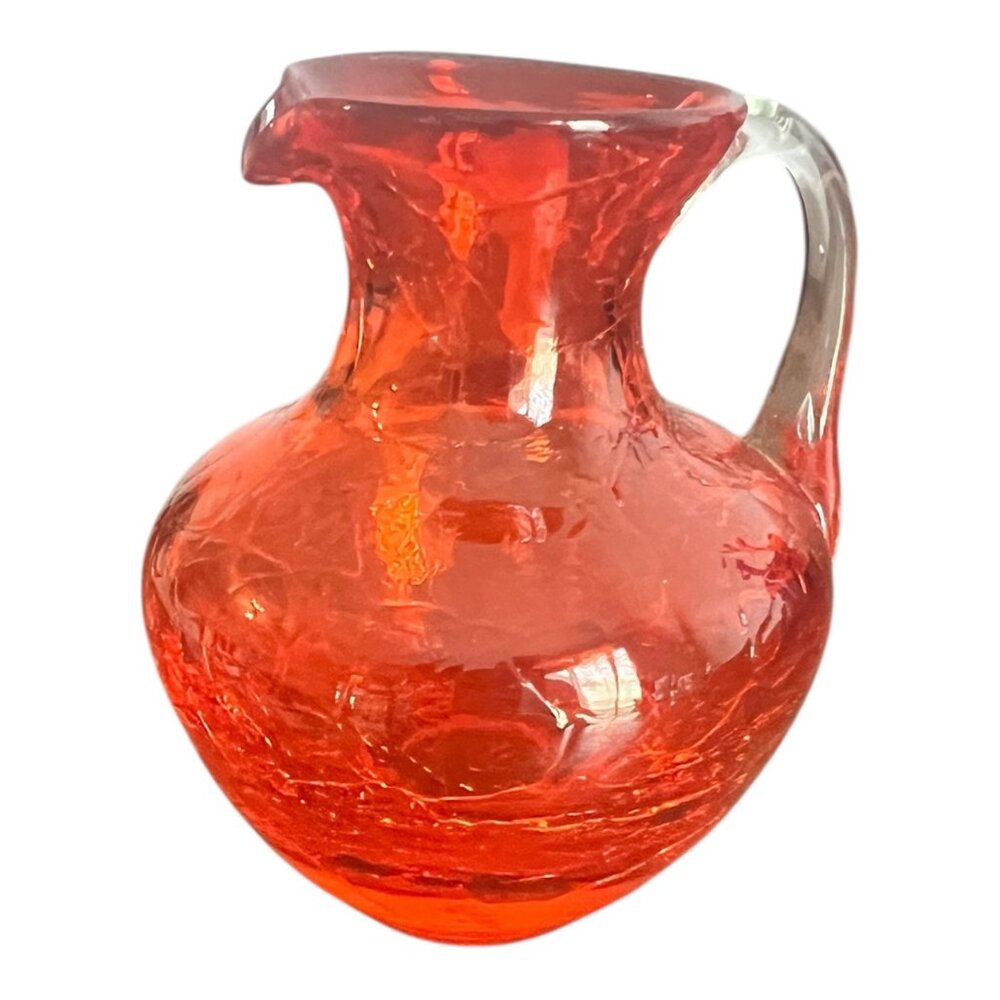 Vintage Crackled Red Art Glass Small Pitcher With Clear Handle And Rim 3.5" Tall